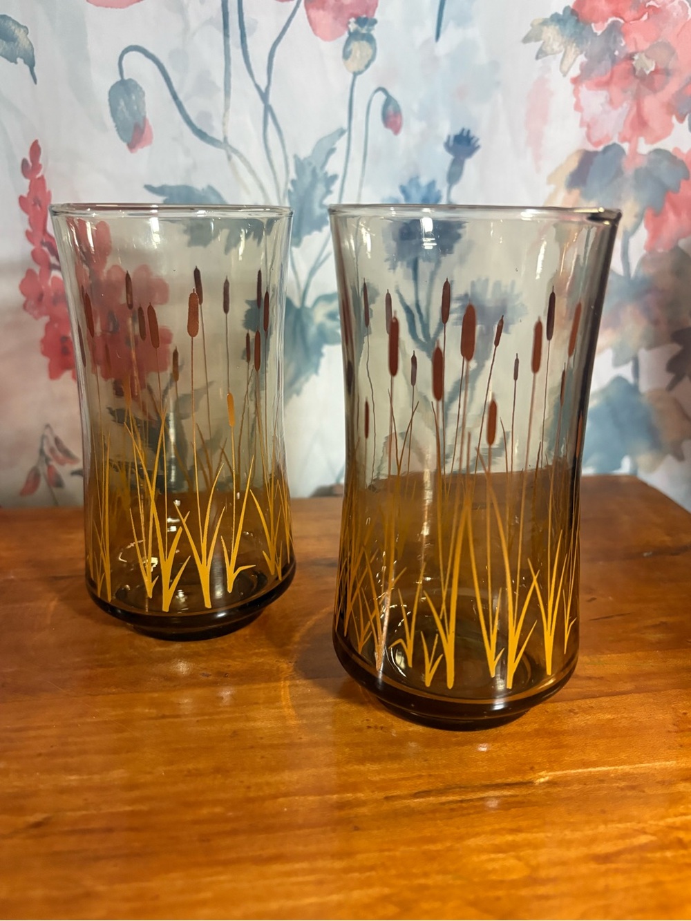 Vintage Amber Glass Tumbler Set with Gold Reed Design